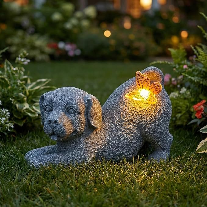 LEWOME Solar Dog Statue with Butterfly Light, Outdoor Puppy Resin Garden Figurine for Patio Yard Lawn, Pet Memorial Gift for Dog Lovers.