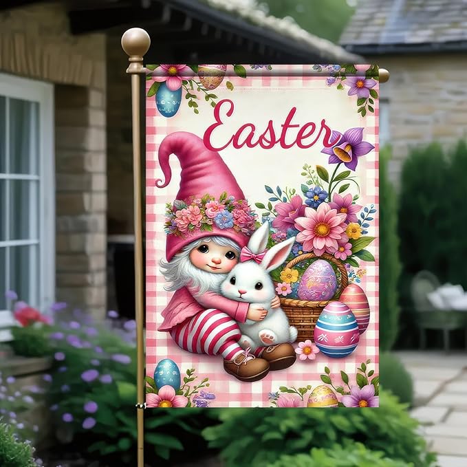 Easter Garden Flag 12x18 Inch Double Side Cute Girl Outdoor Decoration Yard Flag Welcome Easter Farmhouse Garden Flag Bunny and Flowers Outdoor Home Display Flag