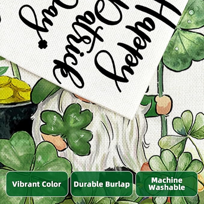 Happy St Patricks Day Garden Flags for Outside, Irish Gnome with Lucky Shamrocks Small Seasonal Decoration for Holiday Anniversary Yard Outdoor Decor 12x18 Inch Double Sided