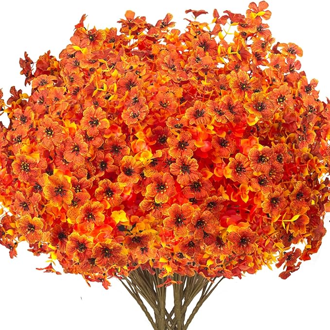 Grunyia 16 Bundles Artificial Fall Flowers for Outdoors Fake Plants UV Resistant Plastic Plants Shrubs Bushes for Home Fall Front Door Porch Garden Autumn Decor (Fall Orange)