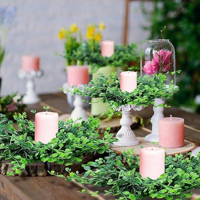 12 Pcs Mini Green Boxwood Candle Rings Wreaths Spring Summer Kitchen Cabinet Swags Wreath 3 Inch Wedding Rings Wreaths Pillar Candle Holder for Wedding Home Door Tabletop Decor (12, Green Boxwood)
