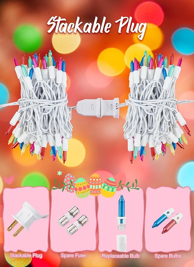 Easter Decorations Mini String Lights, 50 Count 12 Feet Easter Mini Lights, Waterproof String Light Plug in for Indoor Garland Party Christmas Tree Festival Easter Decoration, Pink + Multicolor
