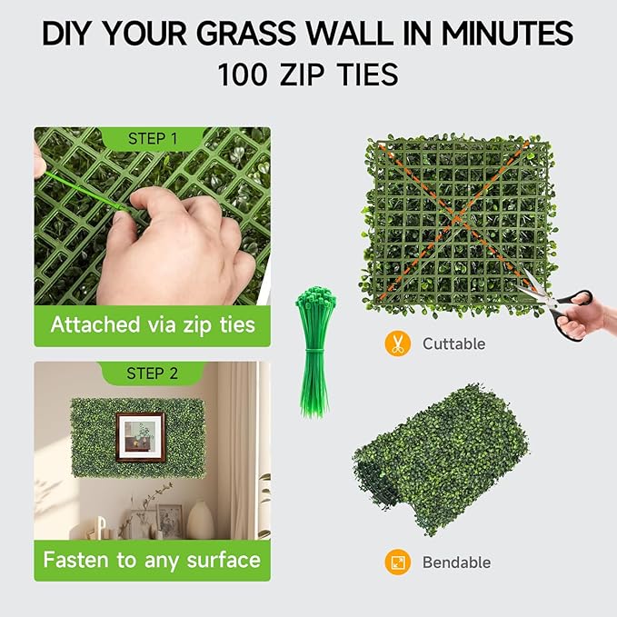 Skloopearg Artificial Grass Wall Panels, 12 PCS 10"x10" Boxwood Hedge Wall Panels with 100 Zip Ties, Boxwood Panels Backdrop for Outdoor Indoor Decorative Garden Fences Backyard Patio Privacy Hedge