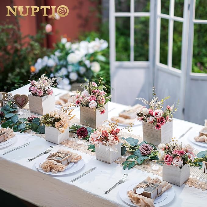 NUPTIO Wooden Box for Centerpiece Wedding: 6 Pcs Rustic Square Planter Box Farmhouse Table Fall Decor - 4×4" & 5×5" Whitewashed Small Wood Vases Flower Pots for Windowsill Home Garden