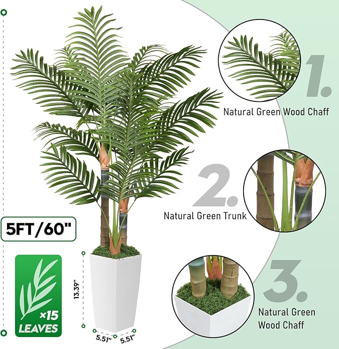 5ft Artificial Palm Tree Indoor Plant with White Tall Planter, Faux Silk Tropical Areca Floor Plant in Pot, Artificial Plants with Lifelike Leaves for Home Office Decor