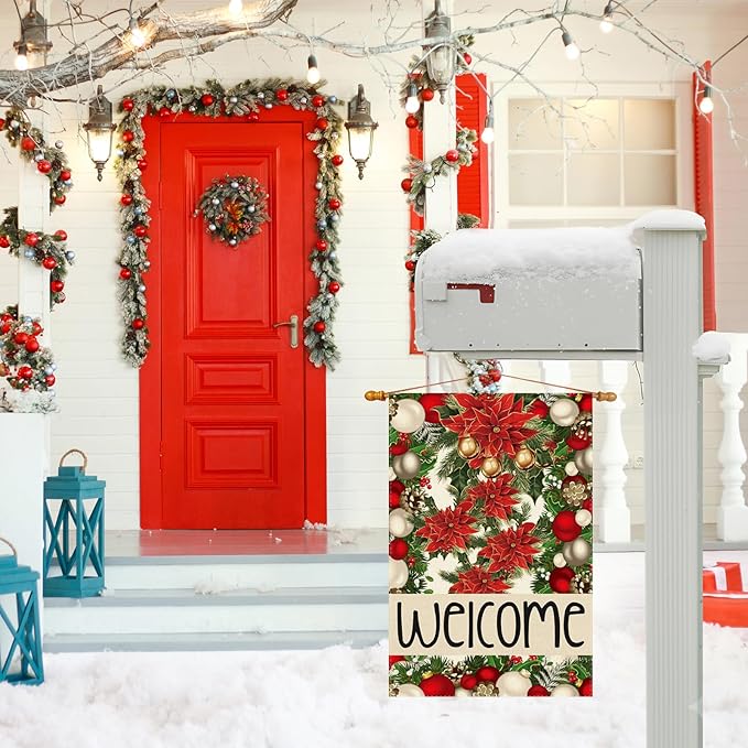 Welcome Garden Flag Christmas Bells Poinsettia Pine Trees Xmas Winter Yard Flag 12x18 Inch Double Sided Small Mini Yard Outdoor Outside Holiday Party Decoration