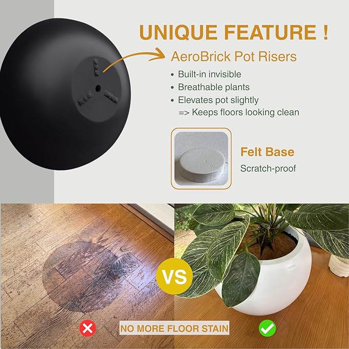 KUTE NEST 6.9"H x 19.7"D Round Bowl Fiberstone Planter for Succulent and Lotus with Drainage Hole, Smooth Finishes, Weather Resistant for Indoor, Included 2 Extra Coco Mats (Black, 17.9" Pot Opening)