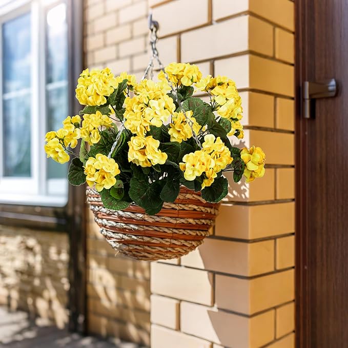 Uqueeten 4PCS Fake Flower Artificial Geranium,Artificial Flowers for Outdoors, Geraniums Artificial Flowers Realistic,Artificial Geraniums for Outdoors Fake Plant Decoration((Yellow) 14.4"
