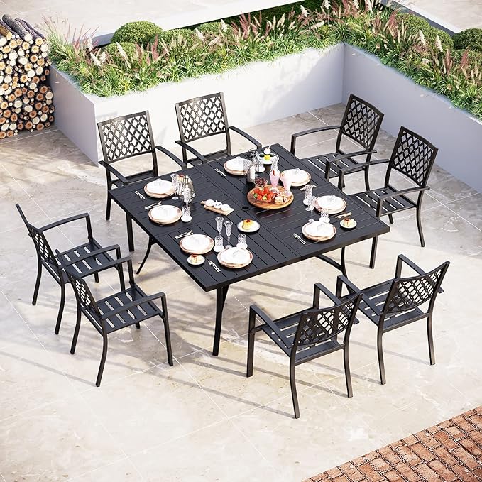 Sophia & William Patio Table and Chairs Set, Outdoor Dining Set for 8, 9 Piece Metal Patio Furniture, 60" Black Square Table(Diamond)