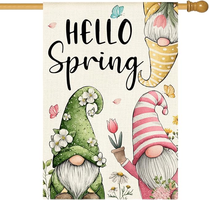 AVOIN colorlife Hello Spring House Flag 28x40 Inch Double Sided Outside, Seasonal Floral Gnomes Rustic Yard Outdoor Flag