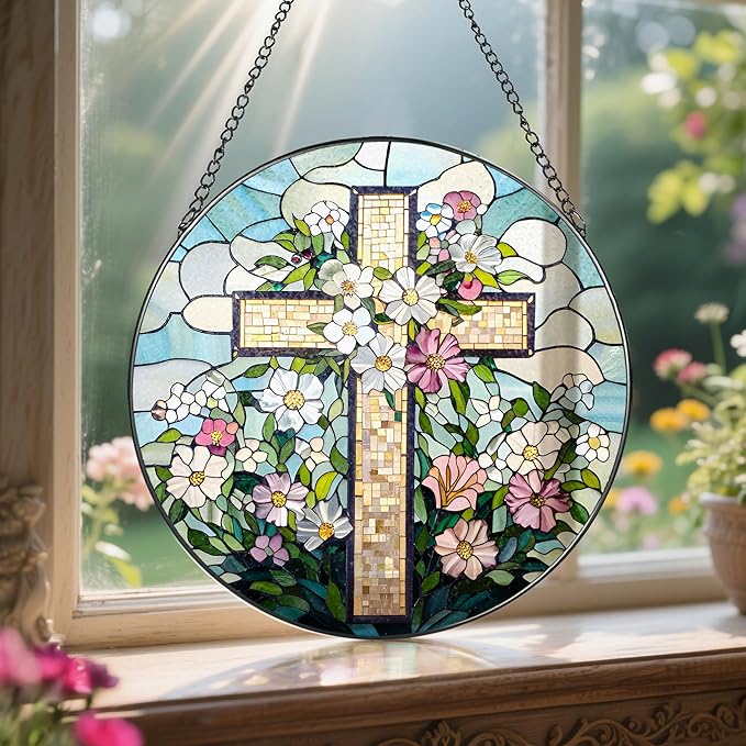 8'' Christian Stained Glass Suncatcher Ornament, Cross Window Hanging, Window Decor, Jesus Home Decor, Gifts for Christmas, Easter Faith Cross Gifts, Religious Gift, Christian Gift