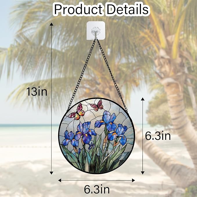 Stained Glass Window Hanging, Blue Iris Flowers Butterfly Suncatcher Diamond Colorful Glass Panel Sun Catchers Decor for Birthday for Women, Men, Wife, Aunt, and Mom 6.3 in