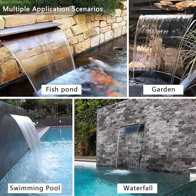 PONDO Pool Waterfall 12" APP with 16 Colors LED Lights, Stainless Steel Pond Fountain Set for Outdoor Decorations, Patio Waterfall Spillway Kit on The Wall for Garden, Easy Installation