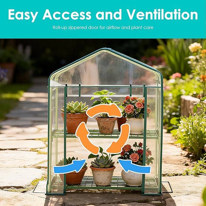 Twira 2-Tier Mini Greenhouse Outdoor, Portable Small Greenhouses for Winter, PE-Coated Metal Frame & PVC Cover Green House for Outside Plants, Indoor Greenhouse Women Men Gardening Gifts 2.3x1.6x3ft