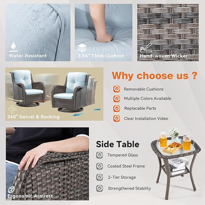 Joyside 6 Piece Wicker Patio Furniture Set, Outdoor Swivel Rocker Patio Chairs with High Back, Deep Seating, Wide Armrest, Thickened Cushions, Outdoor Furniture for Deck, Porch Use