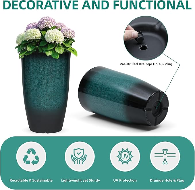 Autodaya 24" Tall Planters Set of 2, High-Density PP Ceramic-Look Outdoor Pots for Plants, Versatile Indoor/Outdoor Flower Pots w/Drainage Hole for Patio Garden Porch & Living Room Decor, Ideal Gift