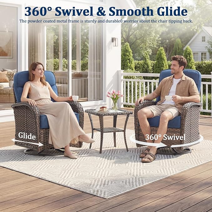 Outdoor Swivel Rocking Chair Patio Set (8pcs) High-Back - Thick Cushion Swivel Rocking Chair Patio with Fire Table Set, All-Weather Wicker Patio Furniture Set, Suitable for Balcony Patios, Brown/Blue