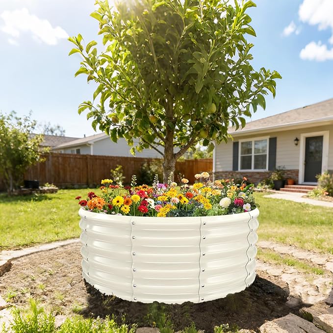 17" Tall Round Outdoor Garden Raised Garden Bed Kits-0.8MM Thick Metal Raised Planter Bed/Ground Planter Box for Variety of Flowers,Herbs,Vegetables,Trees (Cream White, 40 Dia X 16.5 inches)