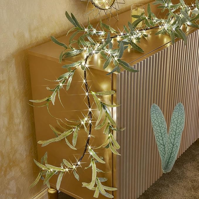 Birchlitland Lighted Olive Garland Battery Operated with Timer 6FT 96 LED Fairy Lights, Faux Vine with Lights for Mantel Fireplace Wall Patio Wedding and Holiday Decor