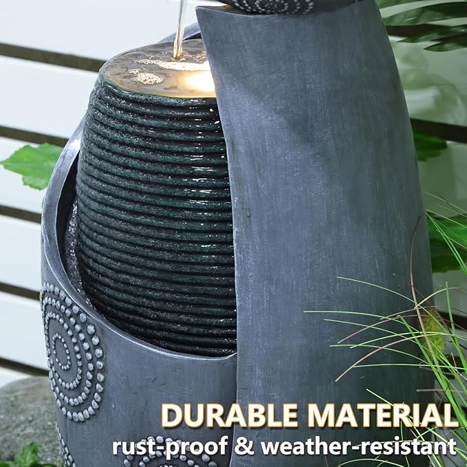 Vase Outdoor Water Fountain, 31.4''H Jar Waterfall Fountain with Warm LED Lights&Durable Pump for Yard, Porches, Home Décor,Garden,Office