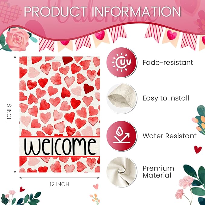 Welcome Love Hearts Garden Flags for Outside Decoration, Valentines Love Hearts Small Yard Flag, Anniversary Wedding Seasonal Farmhouse Holiday Outdoor Decor 12x18 Inch Vertical Double Sided
