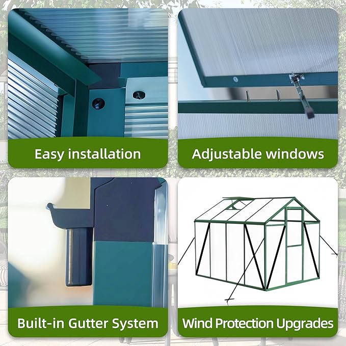 Greenhouse for Outdoors 6.1x6.1x7.2 FT, Polycarbonate Greenhouses with Roof Vent, Lockable Door and Ground Nails, Heavy-Duty Aluminum Walk-in Green House, Large Sunroom for Garden, Green