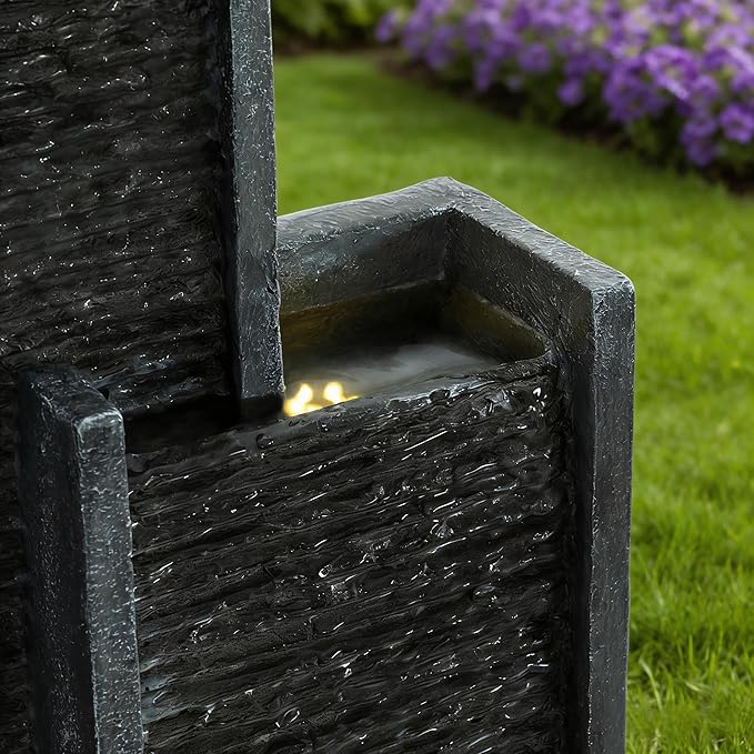 40" H Outdoor Water Fountain, Modern Floor Standing Cascading Waterfall with LED Lights, Resin Water Feature for Porch Patio Garden Home Office, Black