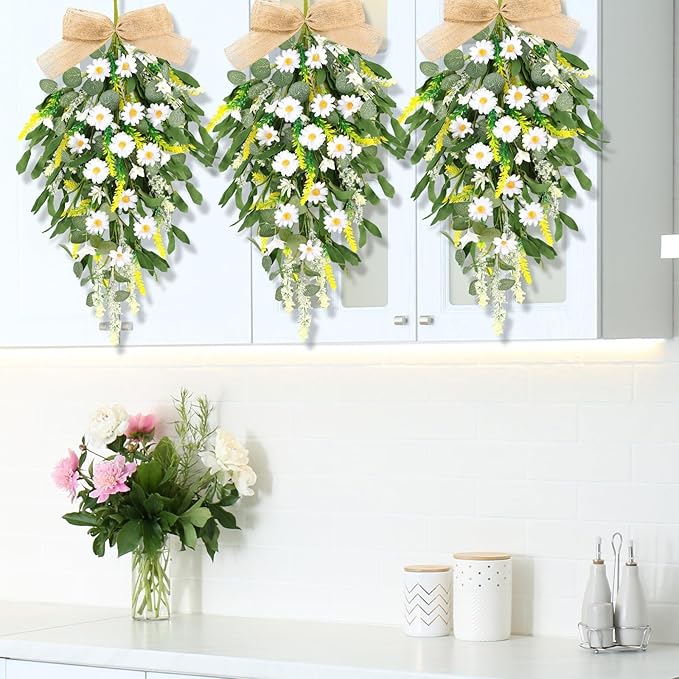 4 Pcs 24" Artificial White Daisy Teardrop Wreath Swag Spring Summer White Floral Hanging Swags Wreath for Kitchen Cabinet Doors Window Wall Wedding Party Home Decor