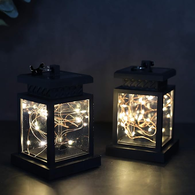JHY DESIGN Set of 2 Solar Lantern Lights Outdoor Waterproof Solar Powered Table Lamp Hanging Lighting with Warm LED Fairy String Lights for Patio Garden Landscape Decoration Yard Lawn（with Clamp）