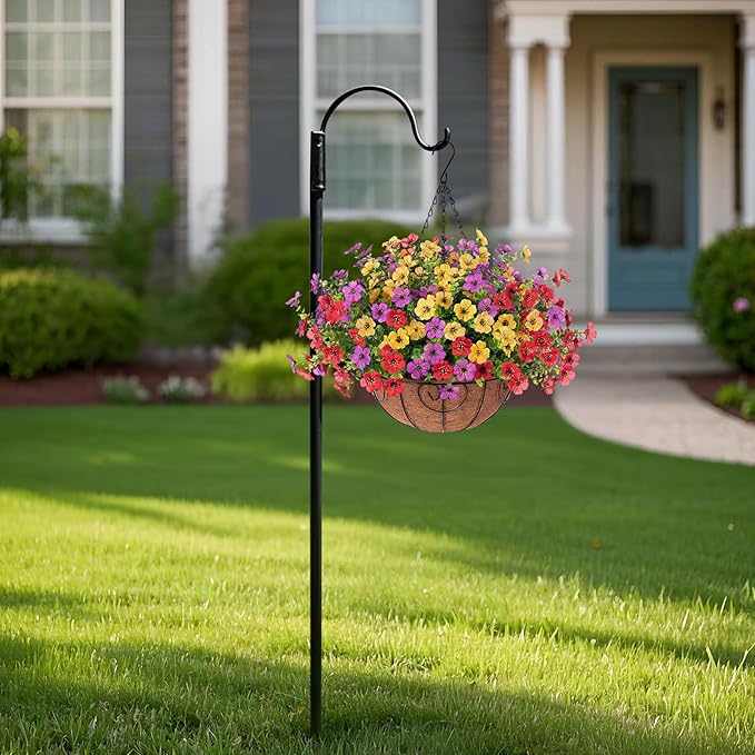 Artificial Flowers Hanging Basket for Outdoor Spring Decor, Fake Silk Mums Daisy with Eucalyptus in 12" Metal Coconut Lining Pot Arrangement for Home Patio Yard Decor(Purple Red Yellow)