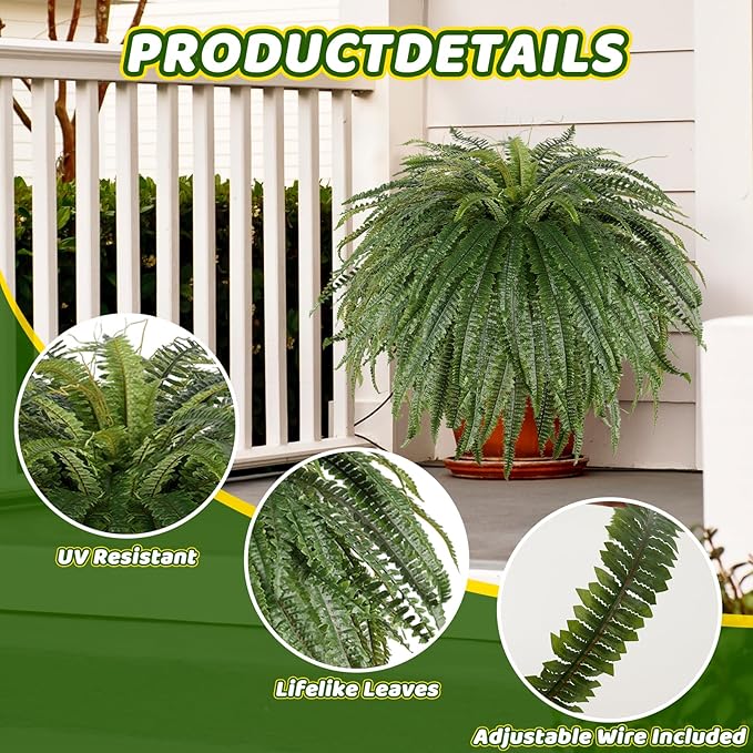 Arlpch Single Silky 50" Artificial Fern Plant, Large Fake Fern with 128Fronds, Realistic Faux Boston Fern Bush for Outdoors & Indoor, Silk Greenery for Planter, Garden, Office, Home Décor