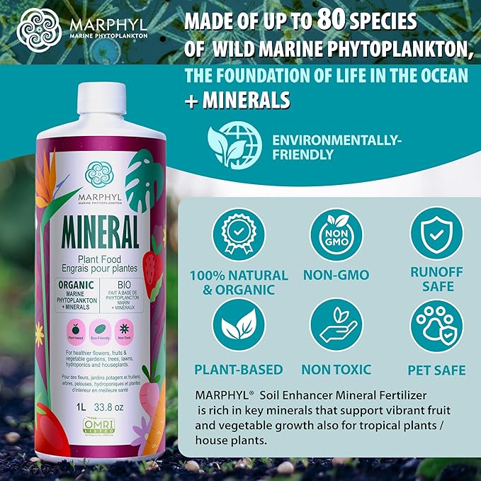 MARPHYL Organic Minerals Liquid Fertilizer, Rich Blend of Essential Minerals for Garden, Flowers, Vegetables, Succulents, Bamboo, Hydroponics 1.05 gal