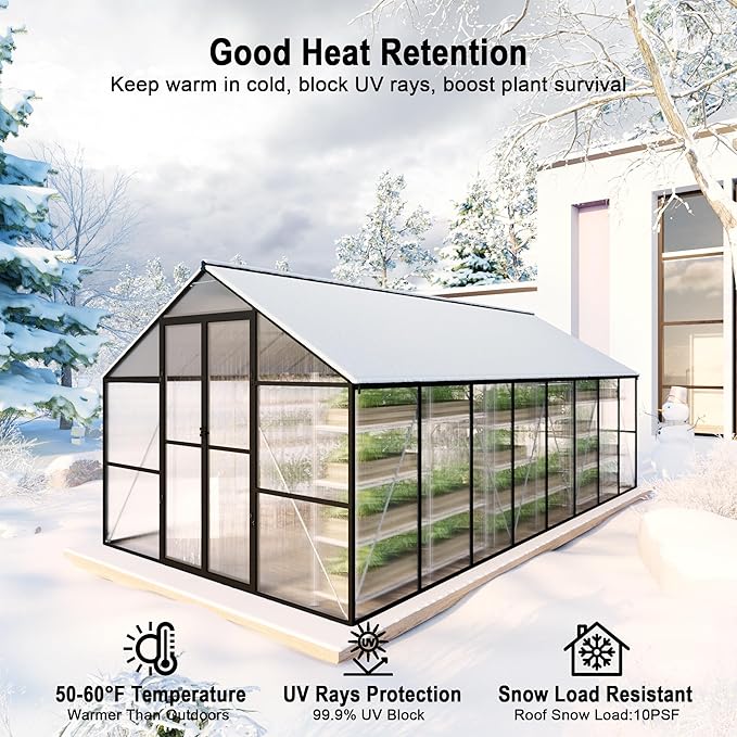 8X16 FT Greenhouse, Walk in Greenhouse with Roof Vent and Rain Gutter, Quick Setup Aluminum Large Polycarbonate Greenhouses for Outdoor Backyard Garden, Black (189" W x 96" D x 77" H)