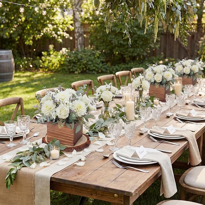 Leinuosen 16 Pcs Wedding Centerpieces Decor Set 8 x 4-inch Rustic Wood Cube Planter Box with 8 x Natural Wood Slices Tabletop Floral Arrangements for Baby Shower Home Garden Decorations