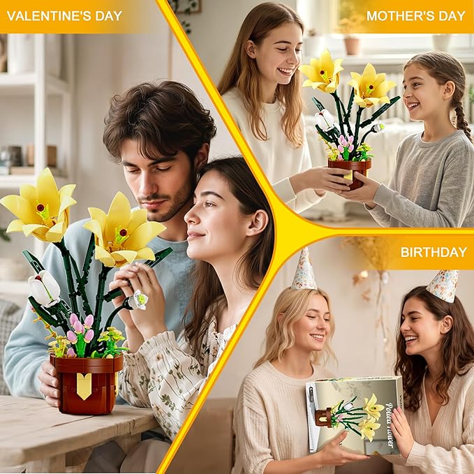 EITOLNR Flowers Botanicals Lily Building Set, Artifical Plants Bonsai Building Blocks Toys for Adults,Indoor Home Office Decor, Valentine Day Birthday Gifts for Women Girls 8-12 (296Pcs)