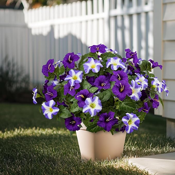 Brlita 19 Inch Artificial Flowers for Outdoor Indoor Garden Home Decoration,Faux Flower for Home Office Garden Patio Balcony 4 Bundles (Double Purple)
