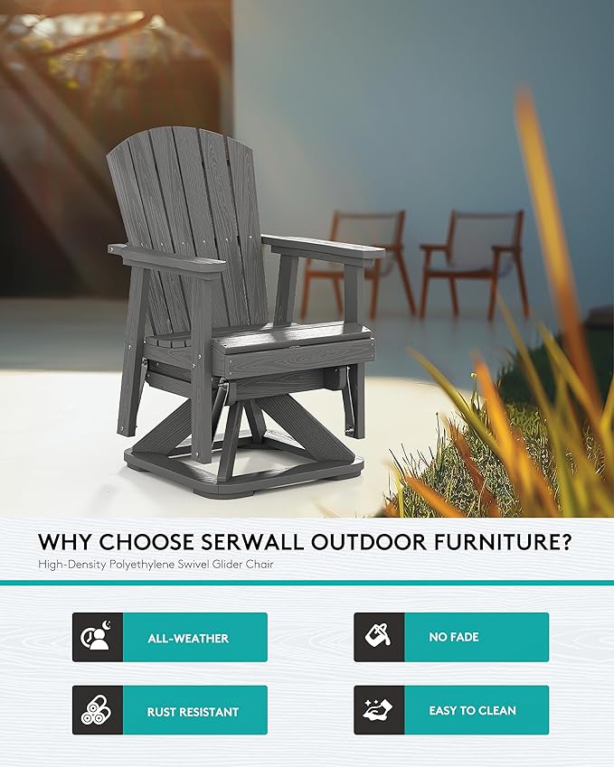 SERWALL Adirondack Swivel Glider Chair, HDPE Outdoor Glider Set of 2, All-Weather Glider Chair for Porch, Balcony, Slate Grey