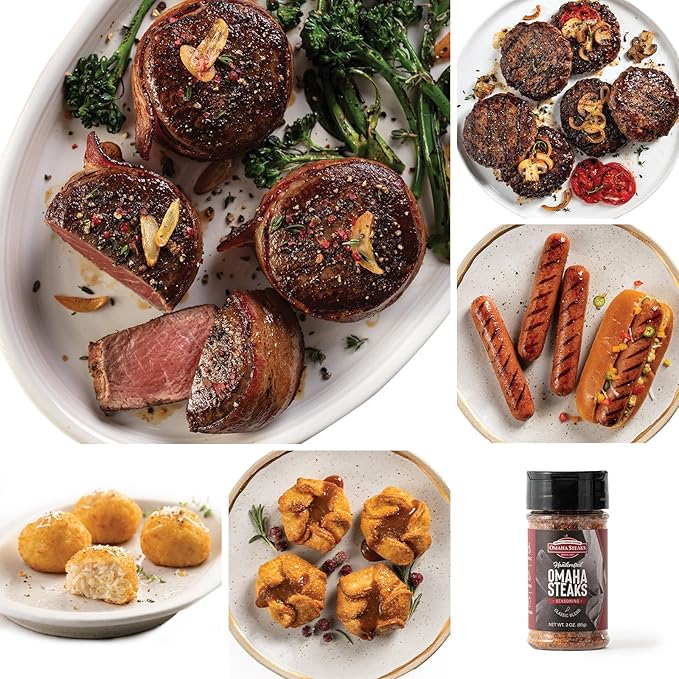 Omaha Steaks Deluxe Package, Gift-Ready or Stock Up, 21 items,12 entrees - 4 Bacon-Wrapped Filet Mignons, 4 Steak Burgers, 4 Gourmet Jumbo Franks, 4 Au Gratin Potatoes, 4 Caramel Apple Tartlets, 1 jar Omaha Steaks Seasoning