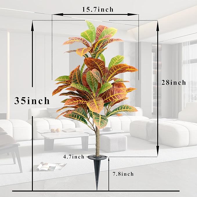 35inch Artificial Croton Plant with Ground Spike, 2 Pack Artificial Plants Outdoors Front Porch, Lifelike Faux Fiddle Leaf Fig Tree for Home Garden Yard Decor