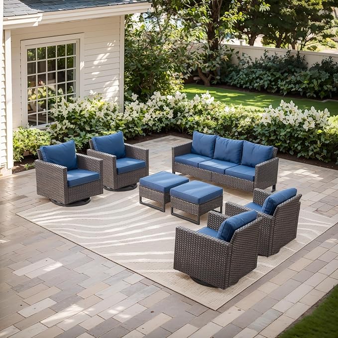Rilyson Wicker Outdoor Patio Furniture Set - 7 Piece Patio Conversation Set with 4 Swivel Rocker Chairs,2 Rattan Ottoman and 1 Couch for Outside Porch Deck Backyard(Brown/Blue)