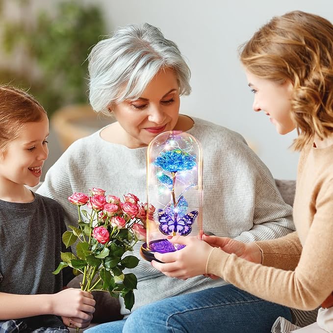 Valentines Day Rose Gifts for Her, Birthday Gift for Women Galaxy Glass Rose in Glass Dome Forever Eternal Crystal Flower with Butterfly Valentine Gifts for Women Daughter Mom Wife Girlfriend Blue