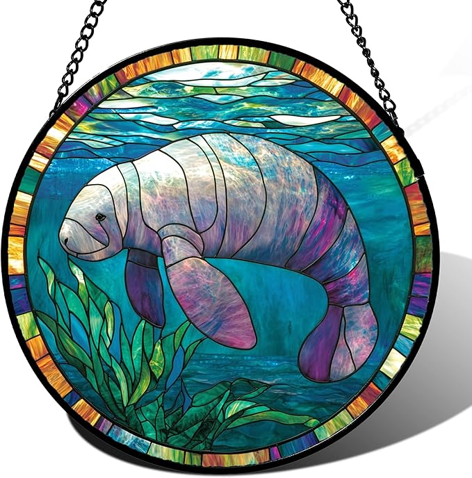 Stained Glass Window Hanging Blue Ocean Seaweed Manatee 7.8" - Suncatcher Door Garden Sunroom Sun Catcher Home Decor Birthday Christmas for Mom Men Woman Nana