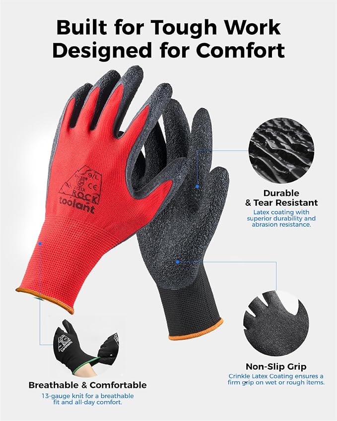 toolant Crinkle Latex Work Gloves Bulk, Rubber Coated Safety Work Gloves for Men and Women, 12 Pairs for Construction, Gardening, Warehouse (Black & Red, X-Large)