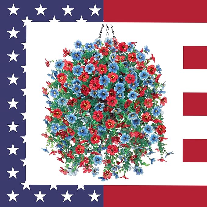HyeFlora Artificial Hanging Flowers Basket for Outdoor, Fake Flowers Faux Plants Look Real for Yard Gardens Porch Patio Home (Blue+Red)