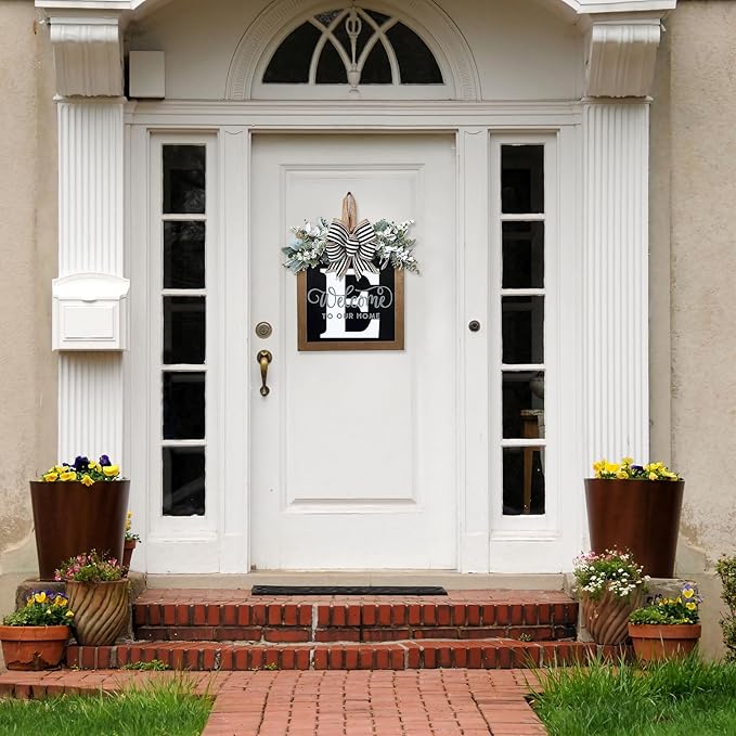 Ultra Large 14'' Last Name All Year Round Front Door Wreath with 26 Initial Letter Welcome Sign All Seasons Eucalyptus Garland and Bow Wreaths for Front Door Porch Farmhouse Decoration (E)
