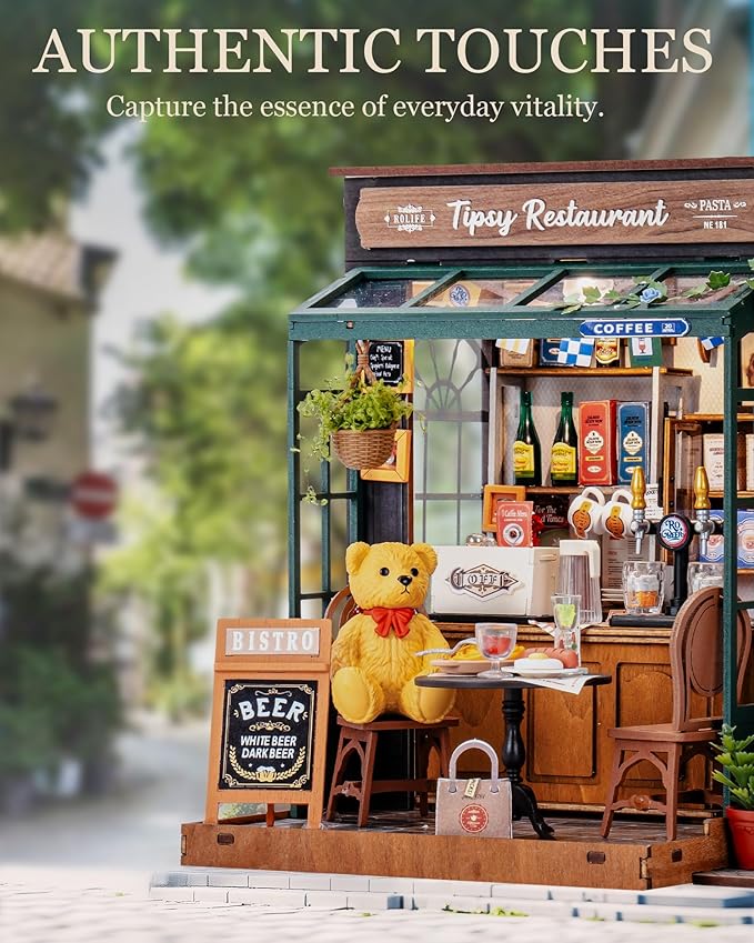 ROBOTIME DIY Tiny House Kit, Miniature House Kit for Adults to Build, Mini House Kit with Furniture, Halloween/Christmas/Birthday Gifts for Men/Women（Tipsy Restaurant）