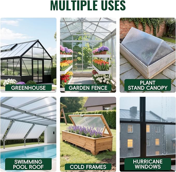 6 Pcs Polycarbonate Greenhouse Panels, 8'FT x 2'FT x 0.24" in Twin-Wall Polycarbonate Sheet, All-Season UV Protected Plastic Roof Sheeting for Greenhouse Covering/Outdoor Garden
