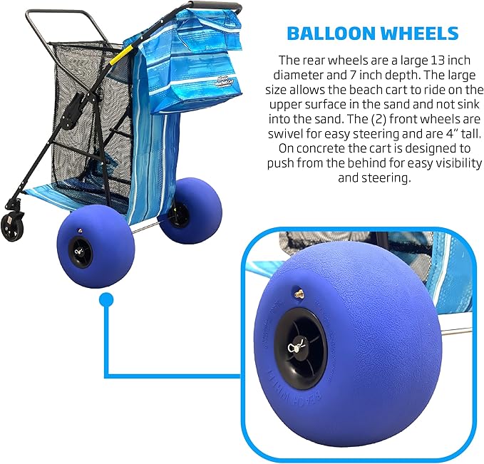 Beach Cart Balloon Wheel Deluxe Heavy Duty Folding Ocean Utility 13” x 7” Sand Wheels Holds 4 Folding Chairs Umbrella Holder Removable Beach Bag Blue Striped Pattern