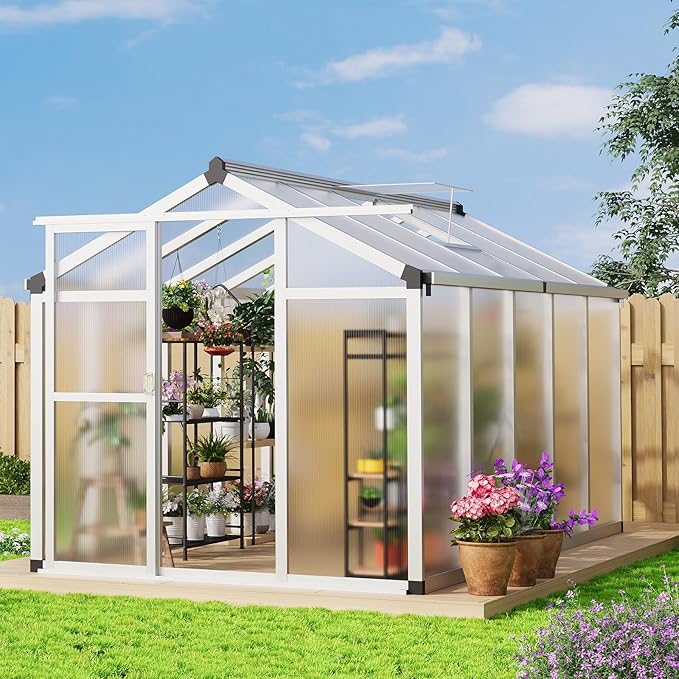 6x10 ft Greenhouse, Aluminum Frame & Polycarbonate Panel Greenhouse for Outdoors, Green House with Adjustable Roof Vent & Lockable Door, Durable Walk-in Green Houses for Backyard, Patio, Lawn