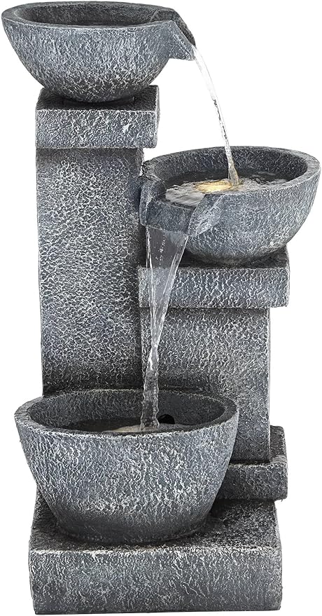 Three Bowls 32 1/4" High Large Modern Indoor Outdoor Decor Gray Faux Stone Floor Fountain with Light LED Waterfall Cascading Water Feature for Outside Garden Patio Yard Backyard - John Timberland